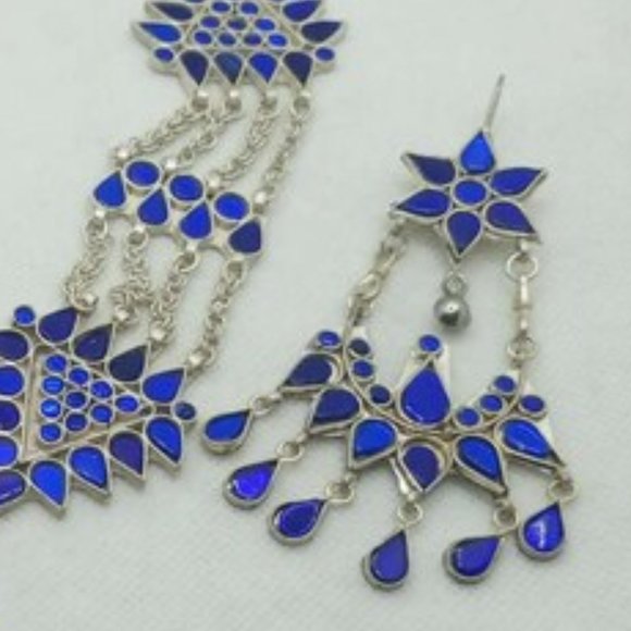 Blue Glass Stones Mala Pendant Necklace With Big Earrings and Ring, Handmade - Picture 9 of 12